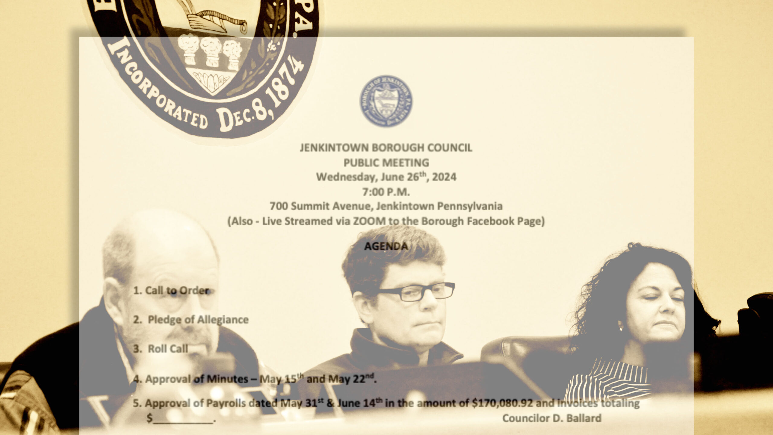 photo of David Ballard, Jay Conners, and Christian Soltysiak in Jenkintown Council Chambers with a copy of the Jenkintown Council Agenda superimposed upon them in the image.