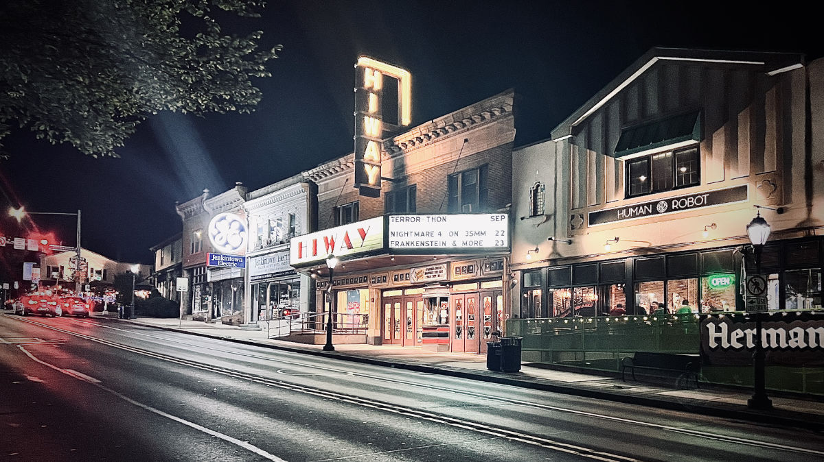 Hiway Theater on Old York Road at night